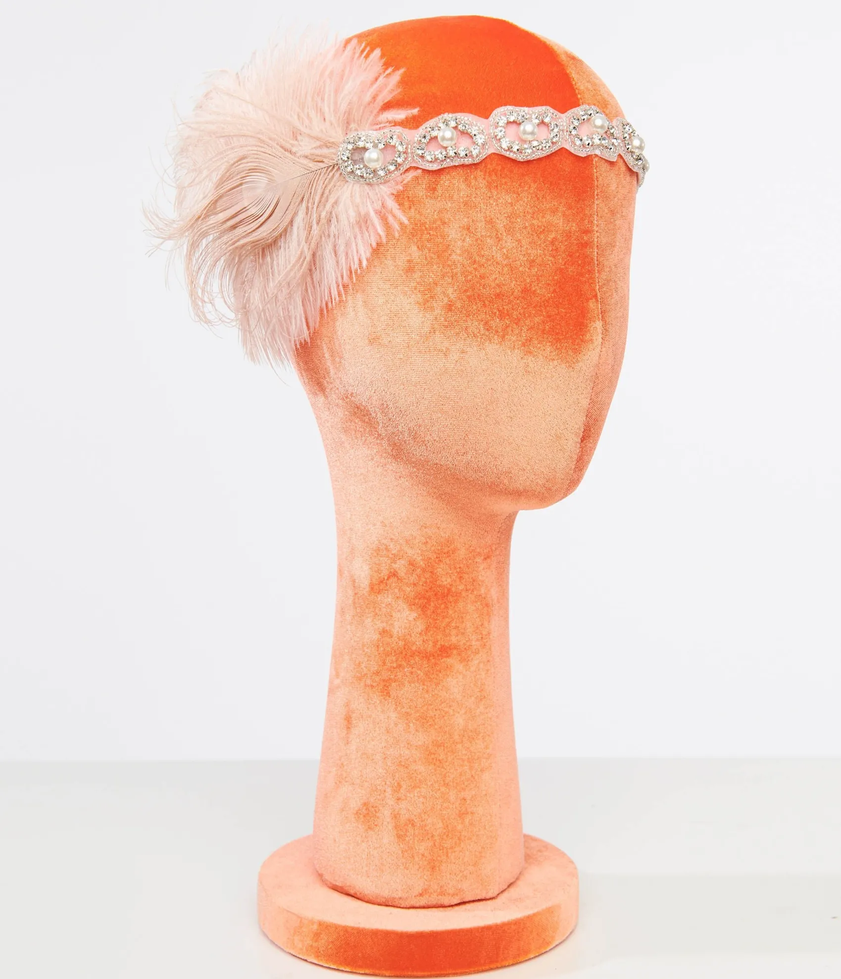 Unique Vintage 1920s Peach Feather & Silver Rhinestone Headband