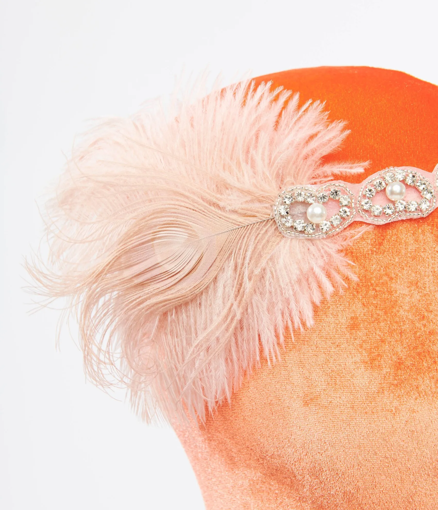 Unique Vintage 1920s Peach Feather & Silver Rhinestone Headband