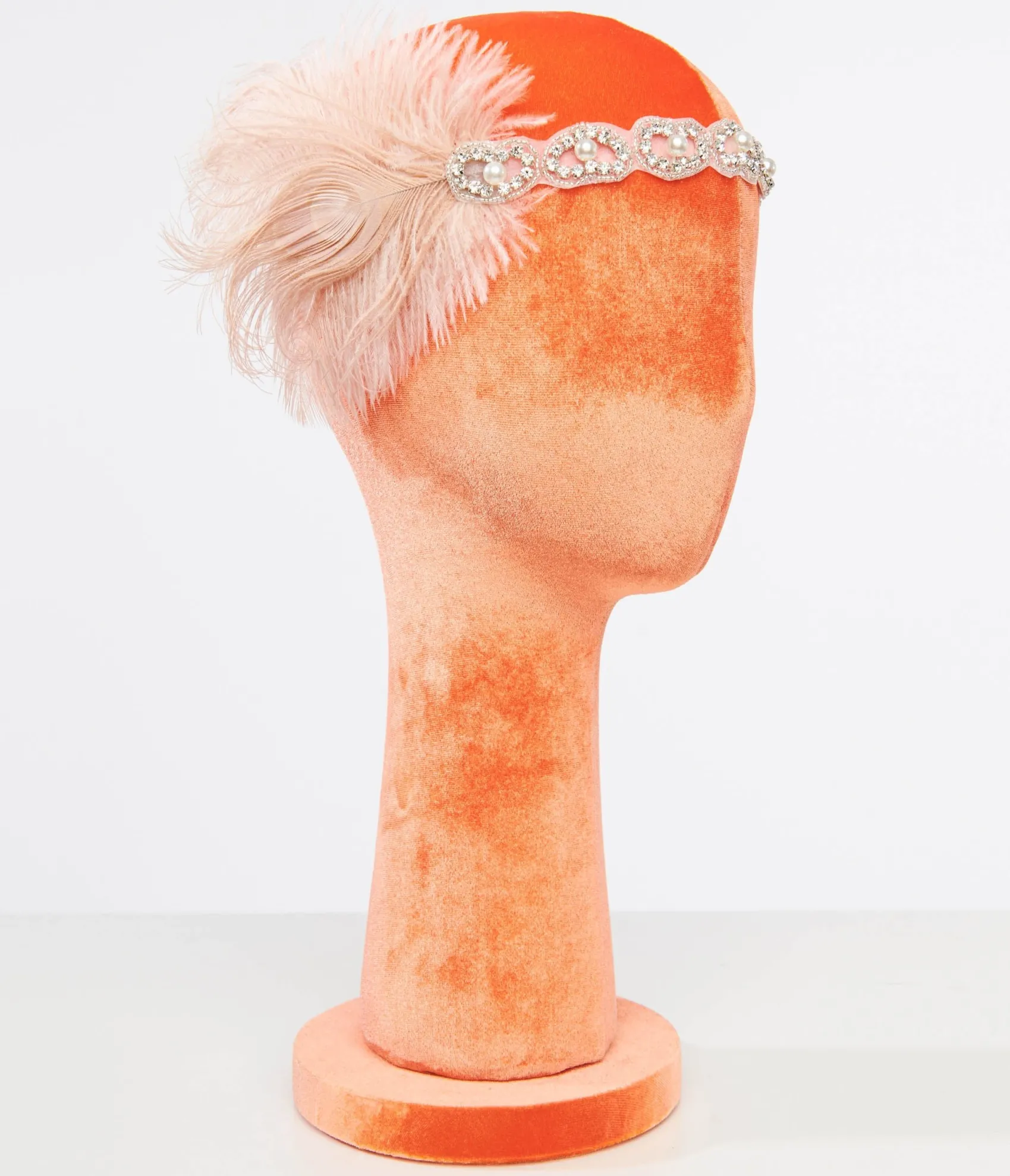 Unique Vintage 1920s Peach Feather & Silver Rhinestone Headband