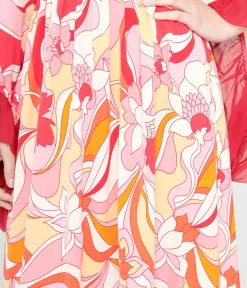 Unique Vintage 1970s Pink & Red Psychedelic Floral Maxi Dress