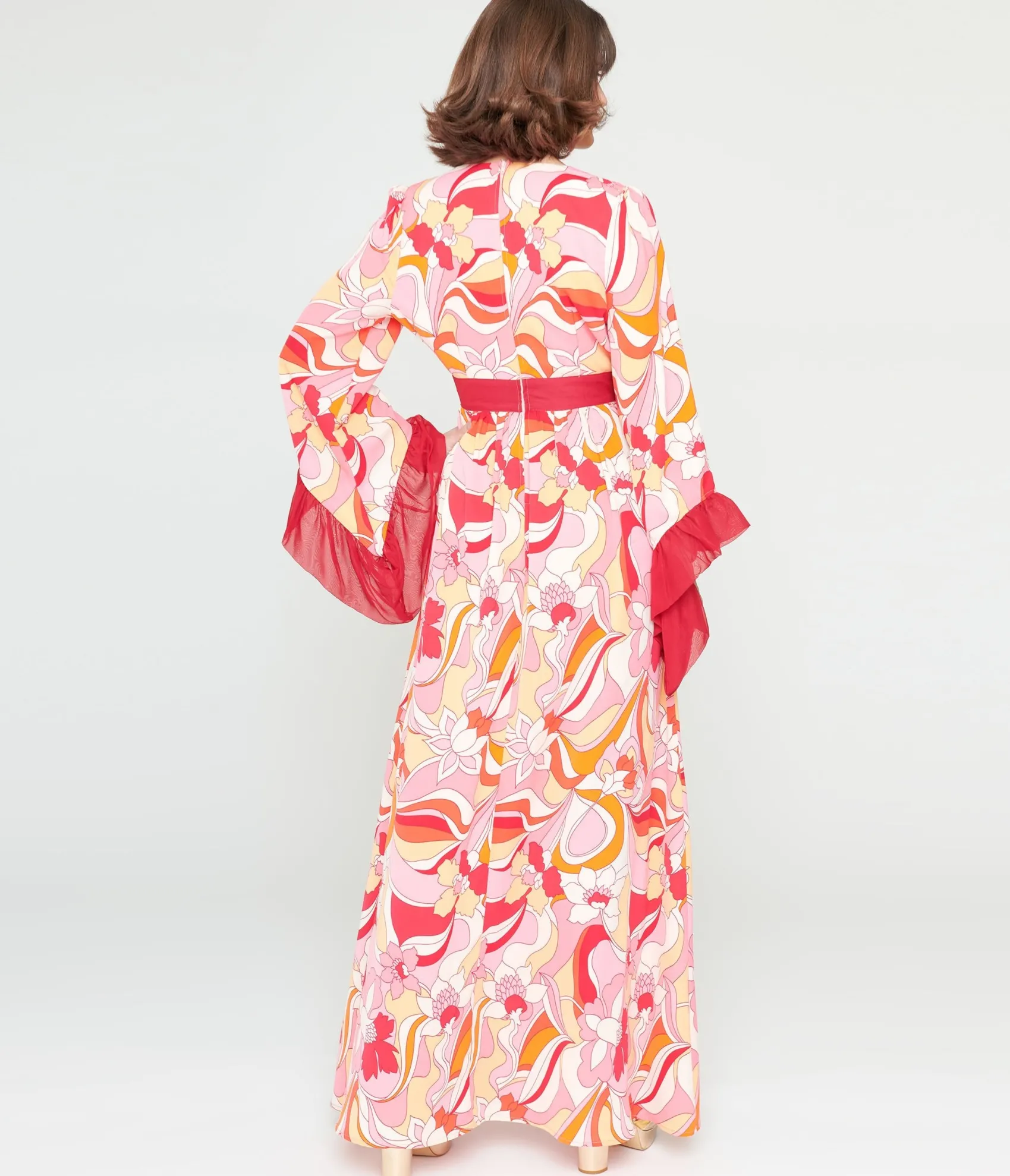 Unique Vintage 1970s Pink & Red Psychedelic Floral Maxi Dress
