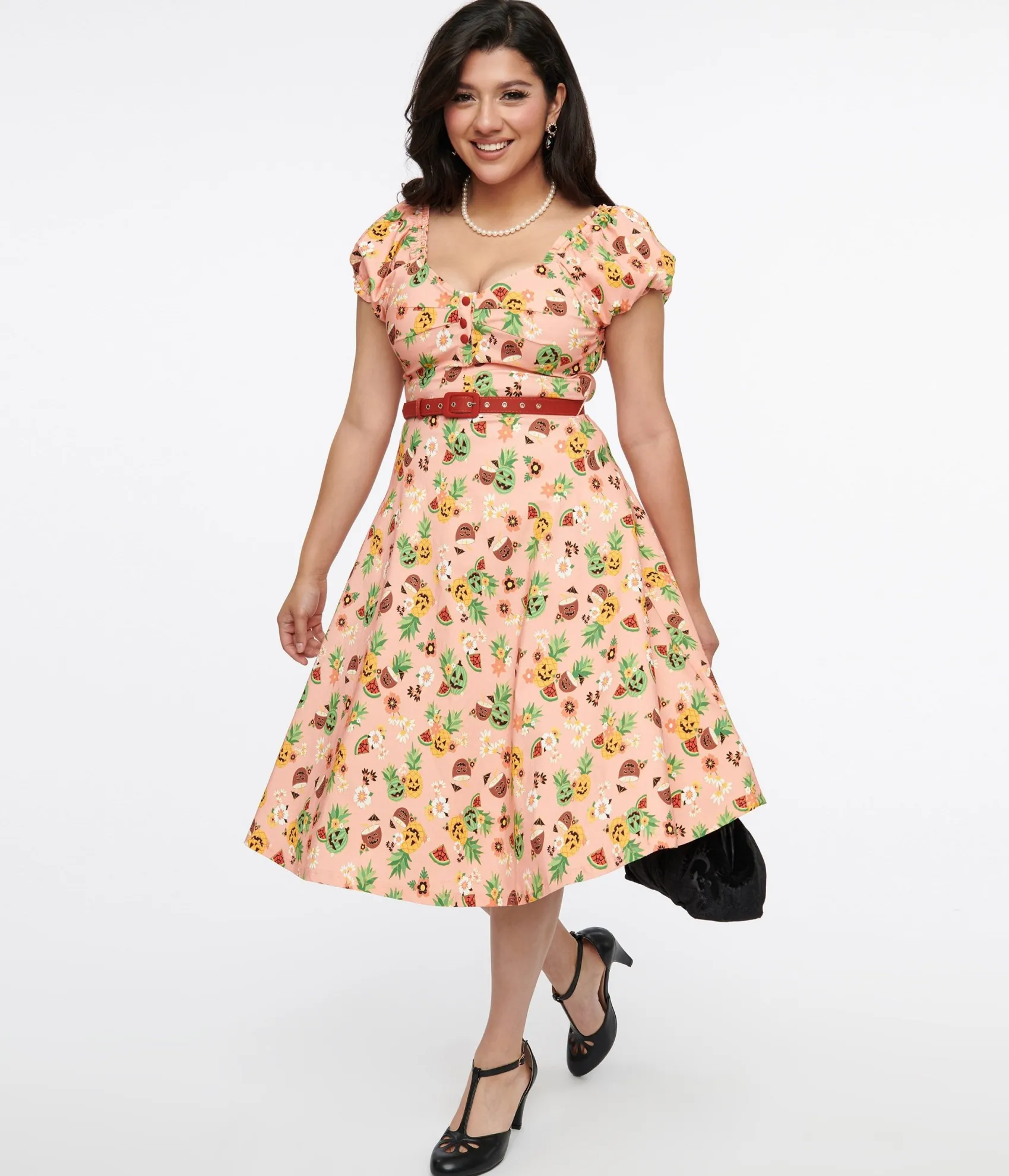 Unique Vintage 1950s Pink Jack-O-Lantern Fruit Ohara Swing Dress