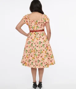 Unique Vintage 1950s Pink Jack-O-Lantern Fruit Ohara Swing Dress