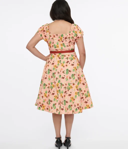 Unique Vintage 1950s Pink Jack-O-Lantern Fruit Ohara Swing Dress