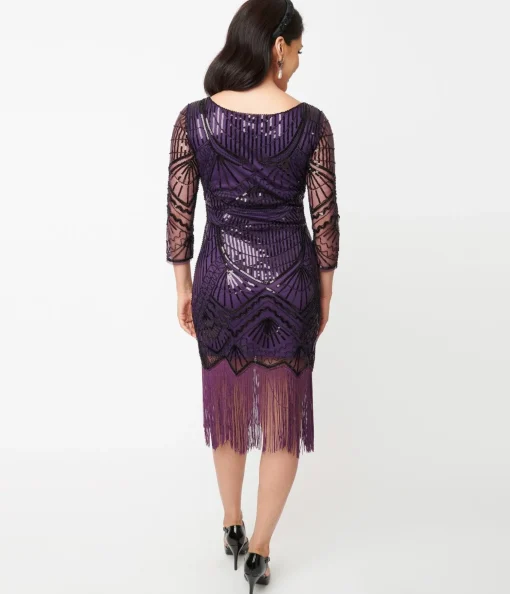 Unique Vintage 1920s Purple & Black Sequin Sleeved Therese Flapper Dress