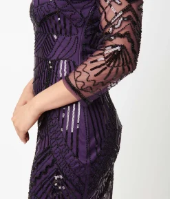 Unique Vintage 1920s Purple & Black Sequin Sleeved Therese Flapper Dress