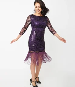 Unique Vintage 1920s Purple & Black Sequin Sleeved Therese Flapper Dress