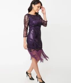 Unique Vintage 1920s Purple & Black Sequin Sleeved Therese Flapper Dress