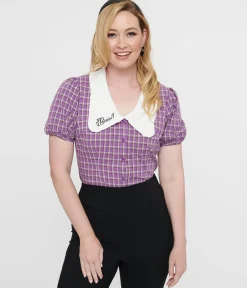 Unique Vintage 1930s Purple Plaid Oversized Collar Blouse