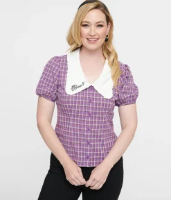 Unique Vintage 1930s Purple Plaid Oversized Collar Blouse