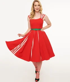 Unique Vintage 1950s Red & White Stripe Swing Dress