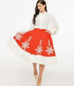 Unique Vintage 1950s Red Felt & White Fur Snowflake Soda Shop Swing Skirt