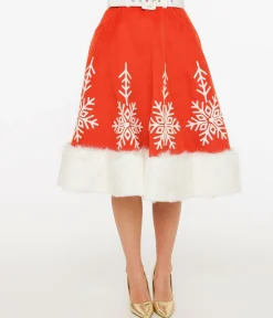 Unique Vintage 1950s Red Felt & White Fur Snowflake Soda Shop Swing Skirt