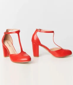 Unique Vintage 1920s Red Leatherette T-Strap Astaire Pumps