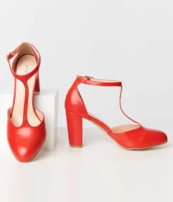Unique Vintage 1920s Red Leatherette T-Strap Astaire Pumps