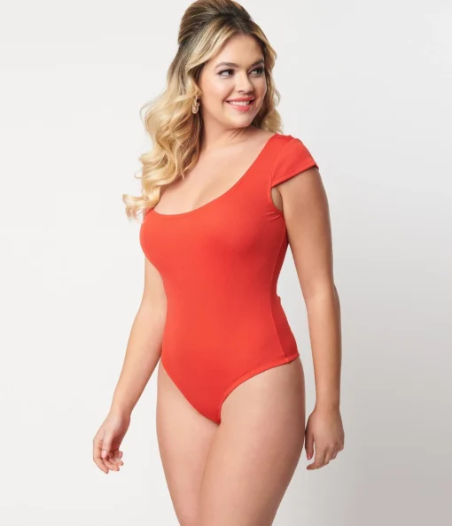 Unique Vintage 1950s Red Scoop Neck Bodysuit