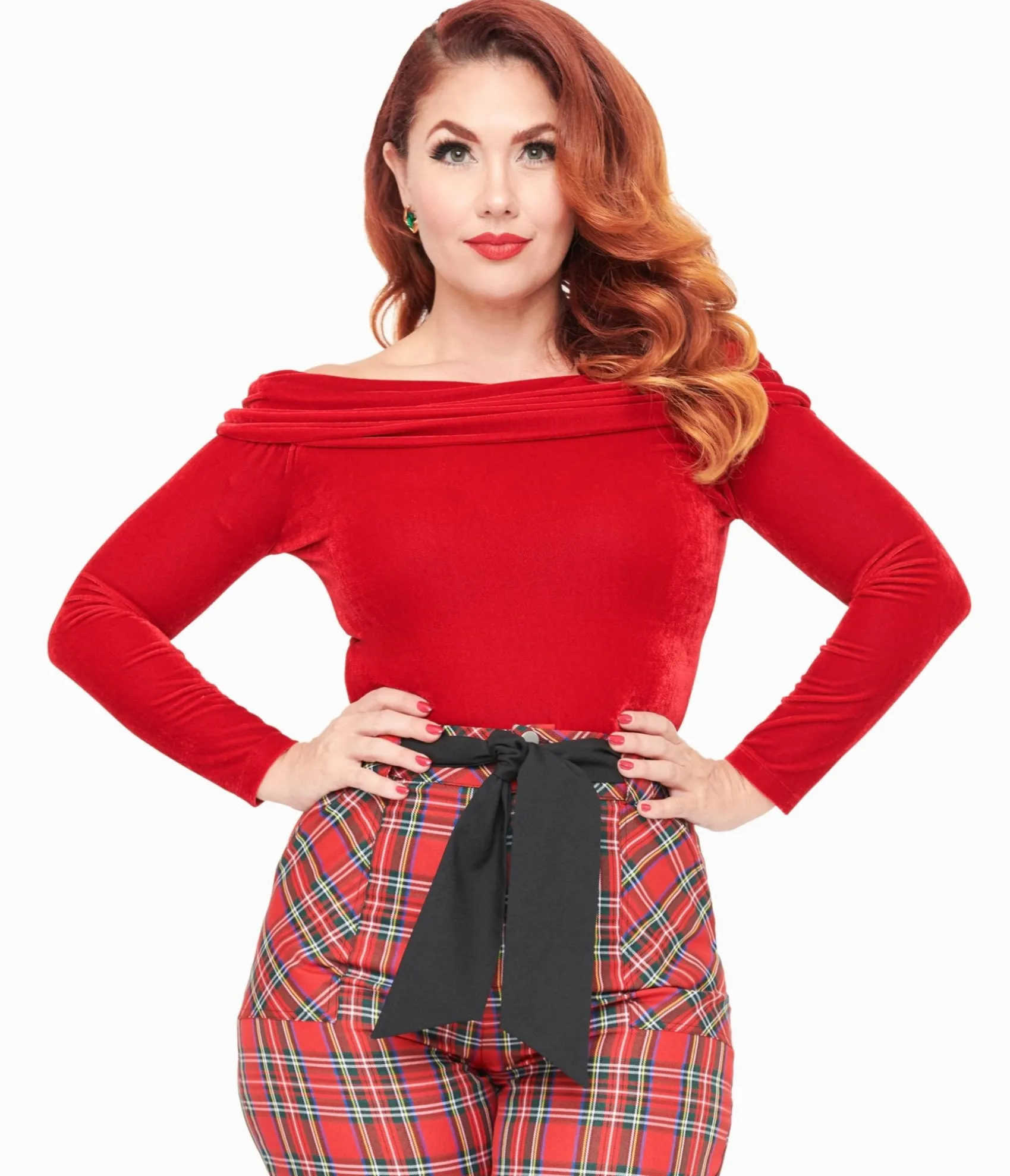 Unique Vintage 1960s Red Velvet Folded Shoulder Knit Top