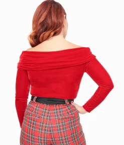 Unique Vintage 1960s Red Velvet Folded Shoulder Knit Top