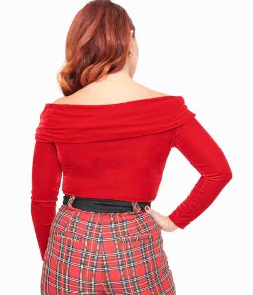 Unique Vintage 1960s Red Velvet Folded Shoulder Knit Top