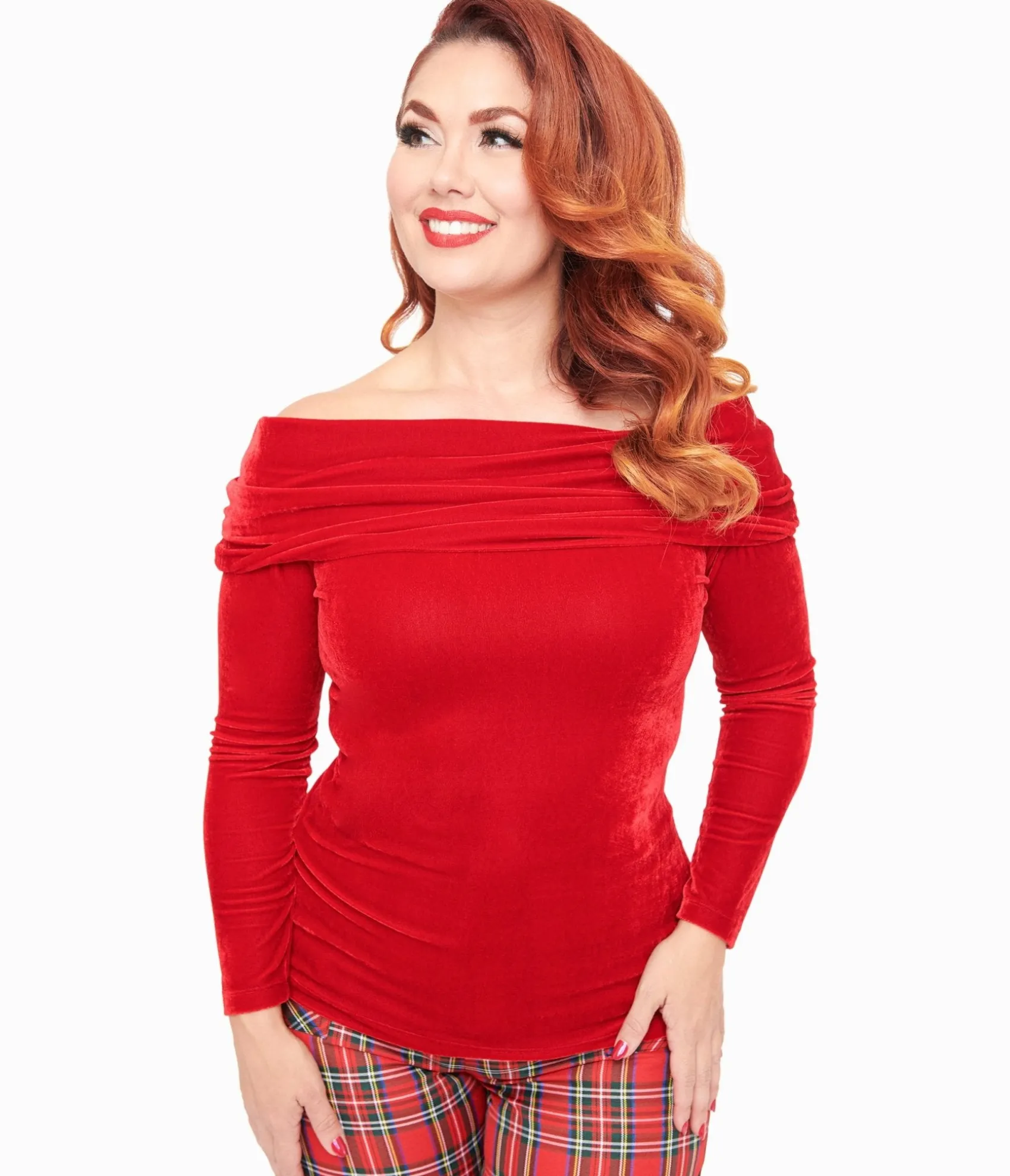 Unique Vintage 1960s Red Velvet Folded Shoulder Knit Top