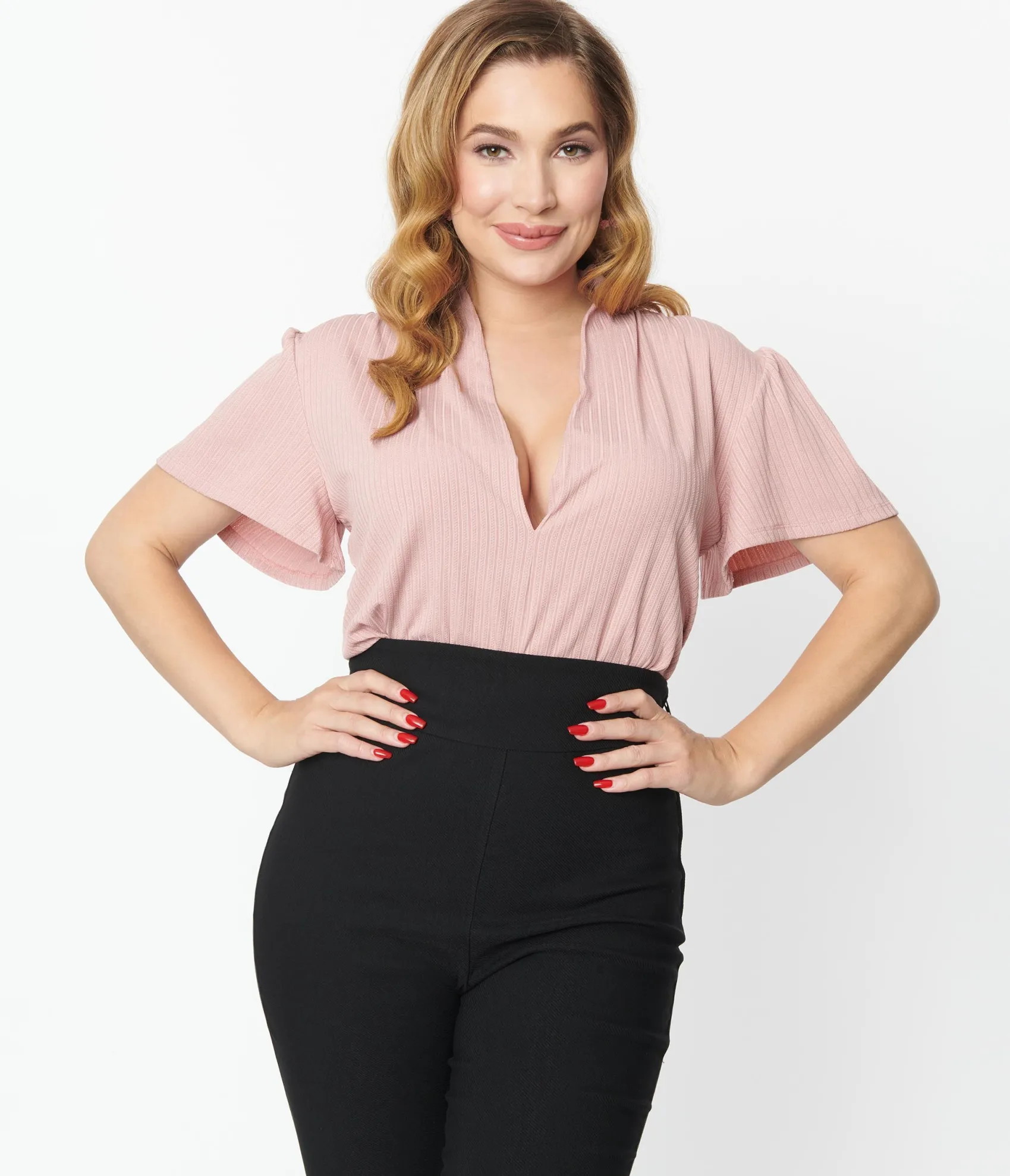 Unique Vintage 1970s Rose Pink Pointelle Flutter Sleeve Bodysuit