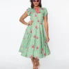 Unique Vintage 1940s Sage & Retro Sewing Print Dahlia Swing Dress