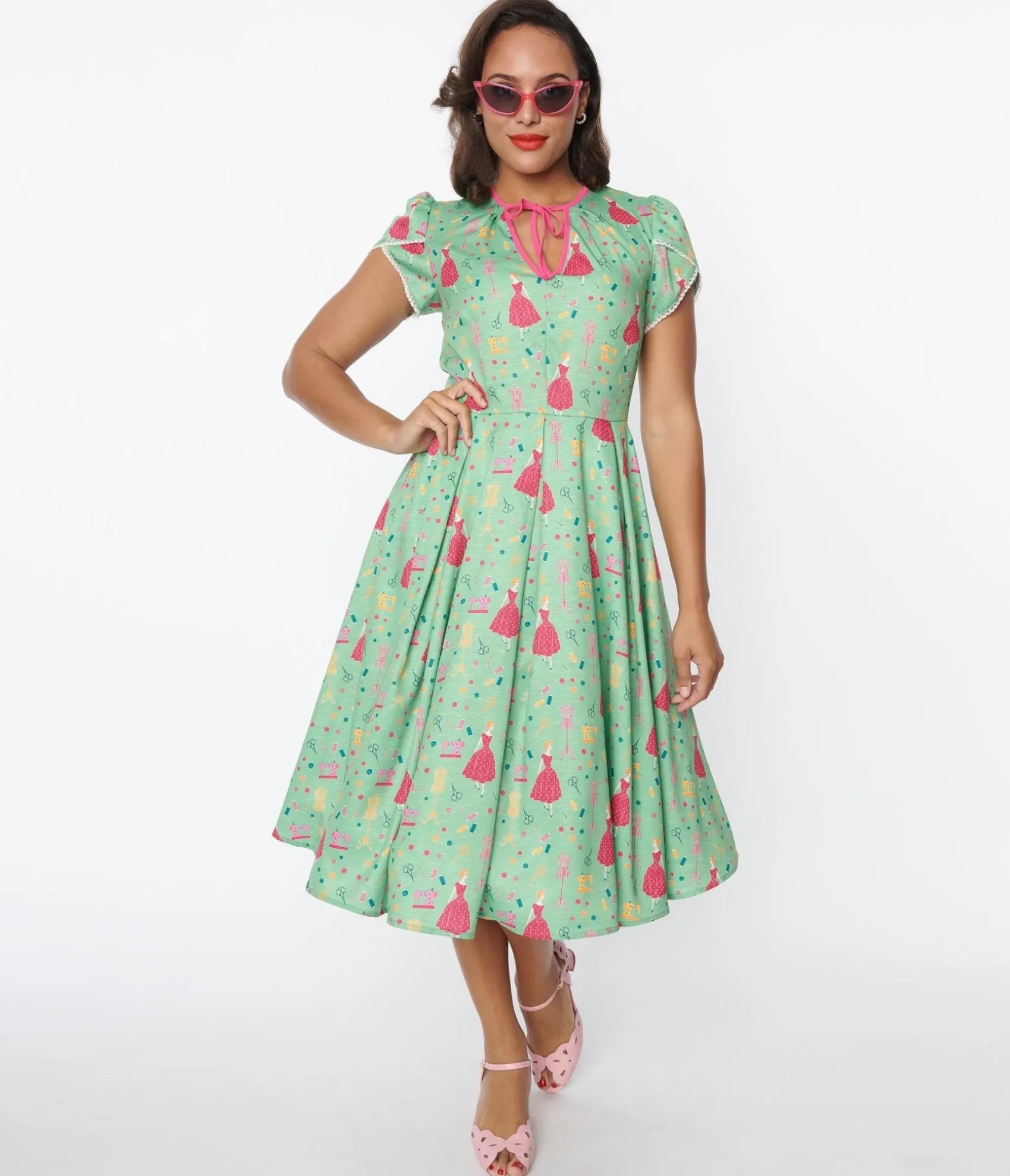 Unique Vintage 1940s Sage & Retro Sewing Print Dahlia Swing Dress