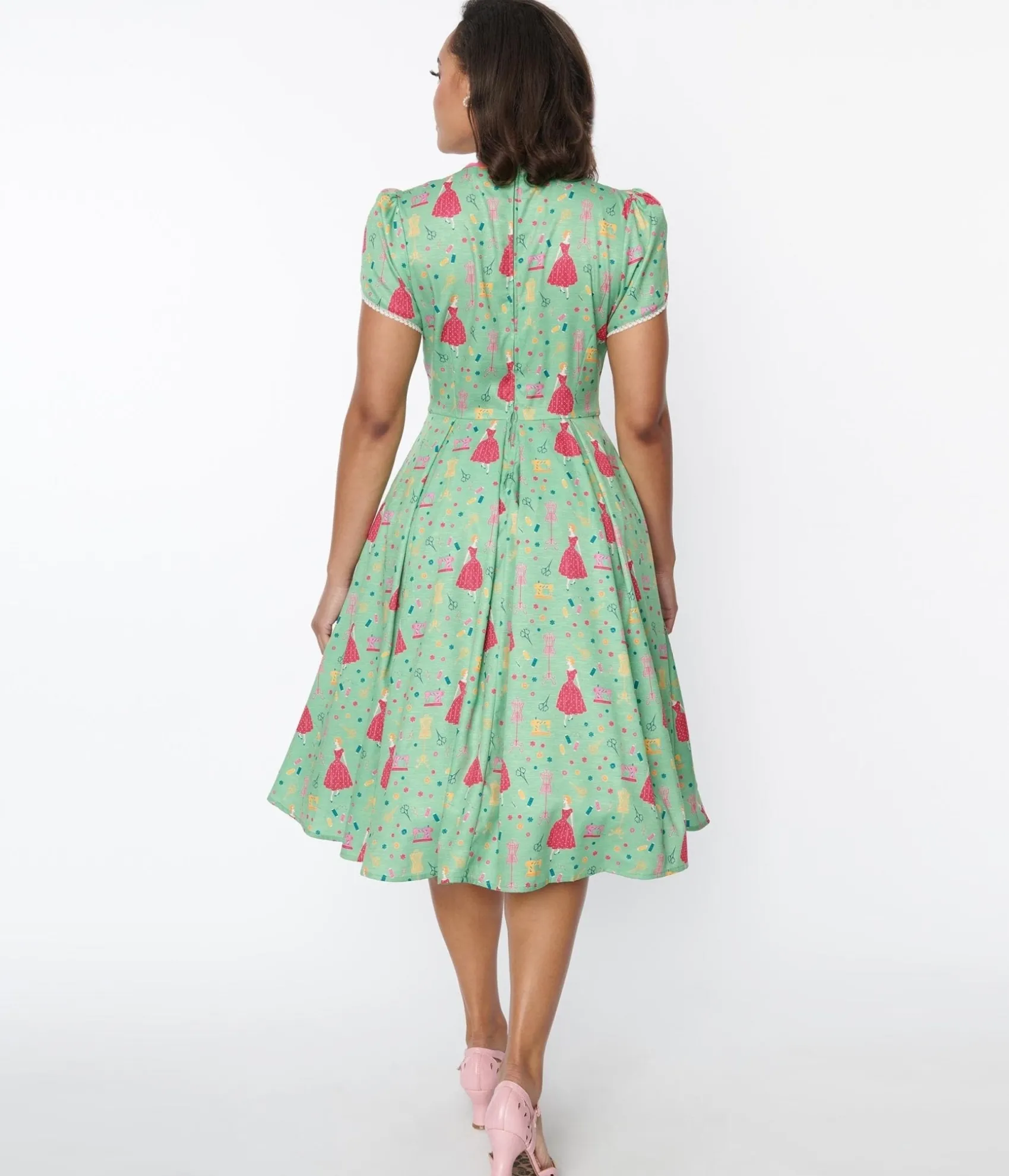 Unique Vintage 1940s Sage & Retro Sewing Print Dahlia Swing Dress