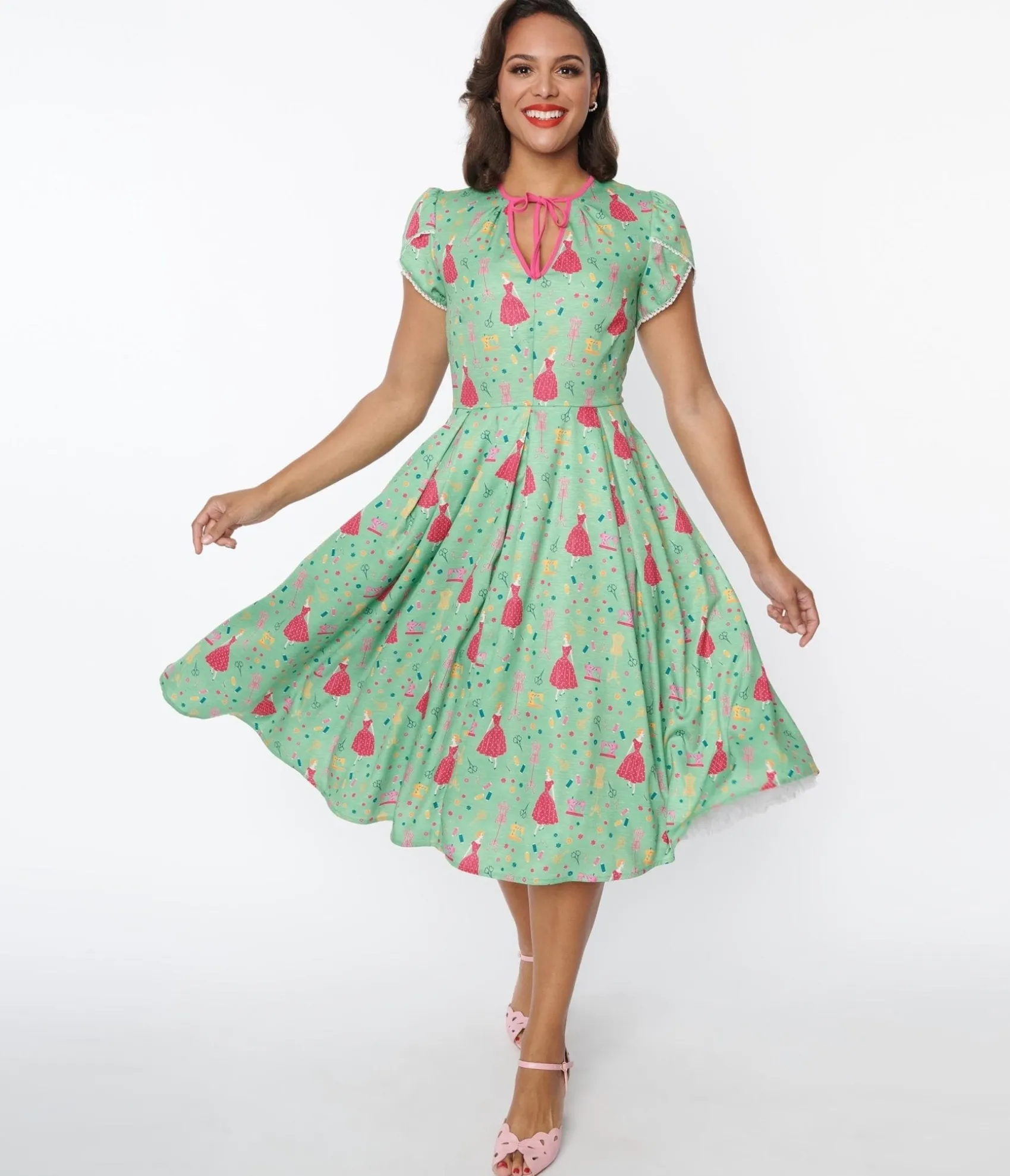 Unique Vintage 1940s Sage & Retro Sewing Print Dahlia Swing Dress
