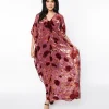 Unique Vintage 1970s Sheer Red Rose Velvet Burnout Bow Front Caftan
