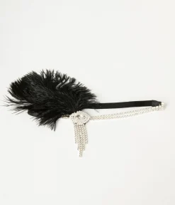 Unique Vintage 1920s Silver Rhinestone & Black Feather Headband