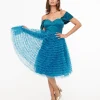 Unique Vintage 1950s Teal Mesh Tulle Off The Shoulder Swing Dress