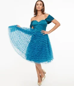 Unique Vintage 1950s Teal Mesh Tulle Off The Shoulder Swing Dress