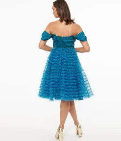 Unique Vintage 1950s Teal Mesh Tulle Off The Shoulder Swing Dress