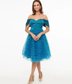 Unique Vintage 1950s Teal Mesh Tulle Off The Shoulder Swing Dress