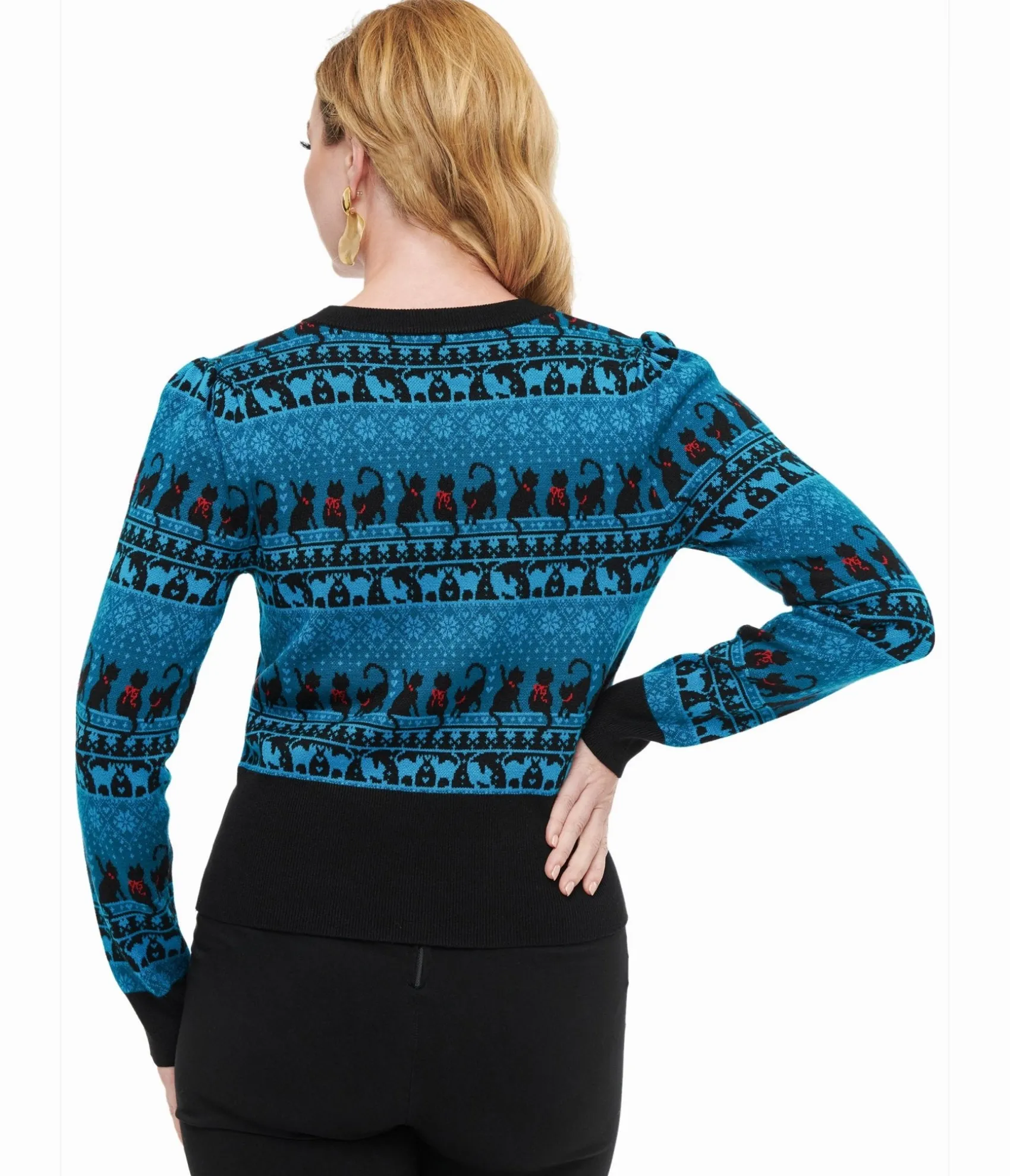 Unique Vintage 1950s Teal Snowflakes & Cats Sweater