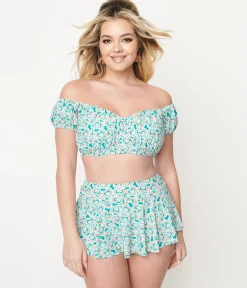 Unique Vintage 1940s Turquoise Retro Hearts Off The Shoulder Swim Top
