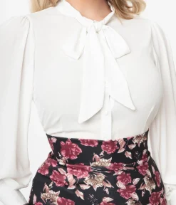 Unique Vintage 1940s White Neck Tie Gwen Blouse