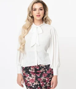 Unique Vintage 1940s White Neck Tie Gwen Blouse