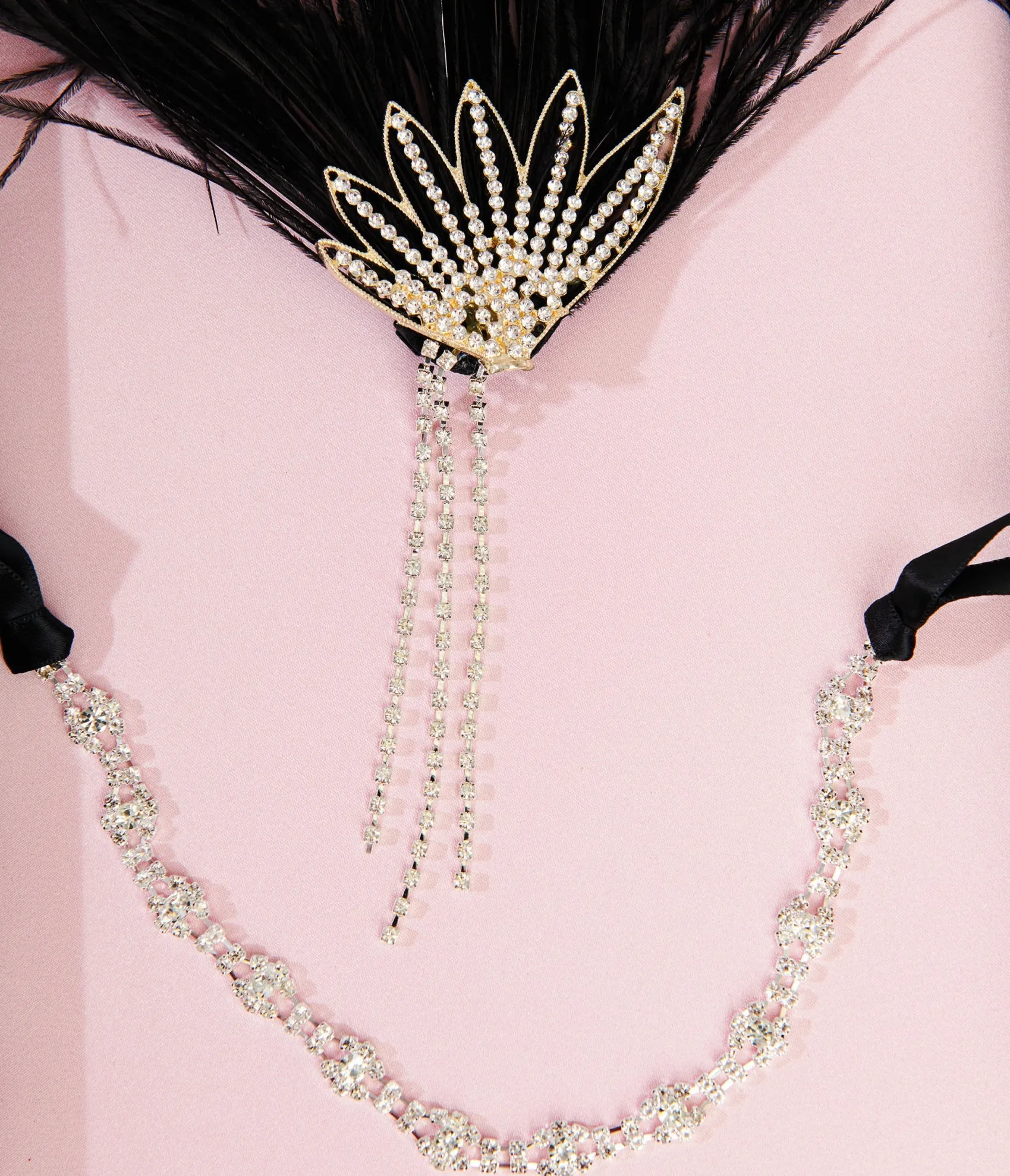 Unique Vintage 1920s White Rhinestone & Black Feather Flapper Headband