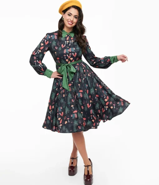 Unique Vintage 1970s Woodland Creature Print Shirt Dress