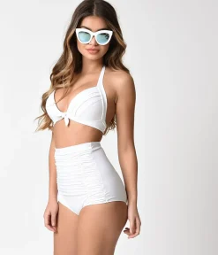 Unique Vintage Solid White Monroe High Waist Swim Bottom