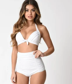 Unique Vintage Solid White Monroe High Waist Swim Bottom
