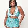 Unique Vintage Teal Flower Child High Waist Skort Swim Bottom