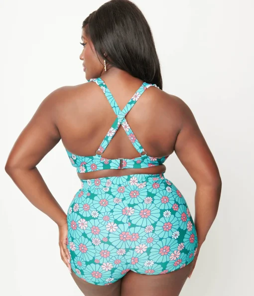 Unique Vintage Teal Flower Child High Waist Skort Swim Bottom