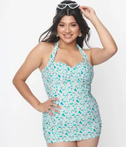Unique Vintage Turquoise Retro Hearts Corinne Sheath Swimsuit