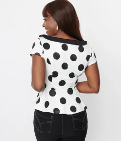 Unique Vintage White & Black Polka Dot Peplum Top