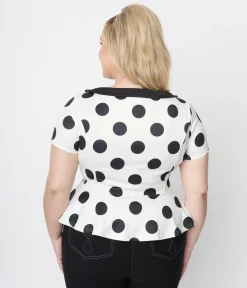 Unique Vintage White & Black Polka Dot Peplum Top