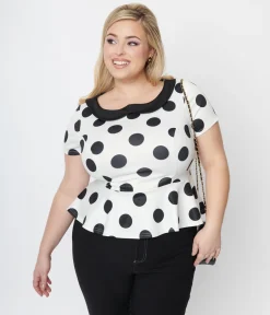 Unique Vintage White & Black Polka Dot Peplum Top
