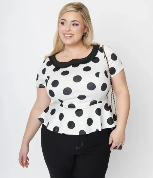 Unique Vintage White & Black Polka Dot Peplum Top